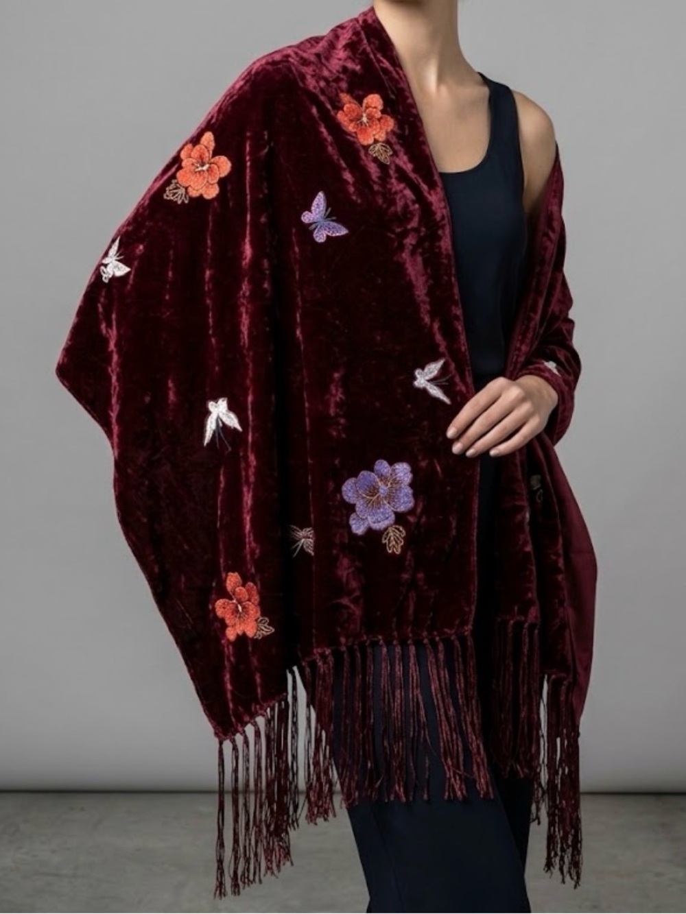 Lucy Silk Burgundy Velvet Embroidered Floral Butterfly Fringe Wrap Scarf
